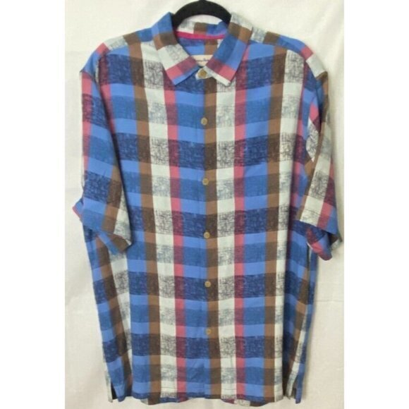 Tommy Bahama Mens Silk Shirt Checkered Blue Brown Pink Button Up Short Sleeve L - Picture 2 of 6